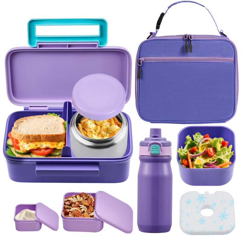 PIQUEBAR Kids Lunch Bento Box with 8oz Thermo Ice Pack Food Container with Insulated Lunch Bag, Insulated Water Bottle with Straw for Girls Boys, (A-Purple) - Image 1