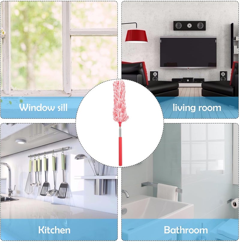 SHERCHPRY Extendable Microfiber Duster Household Cleaning Tool with Red-White Washable Fiber for Dust Removal on Ceiling Fans, Blinds, and Furniture - Image 4