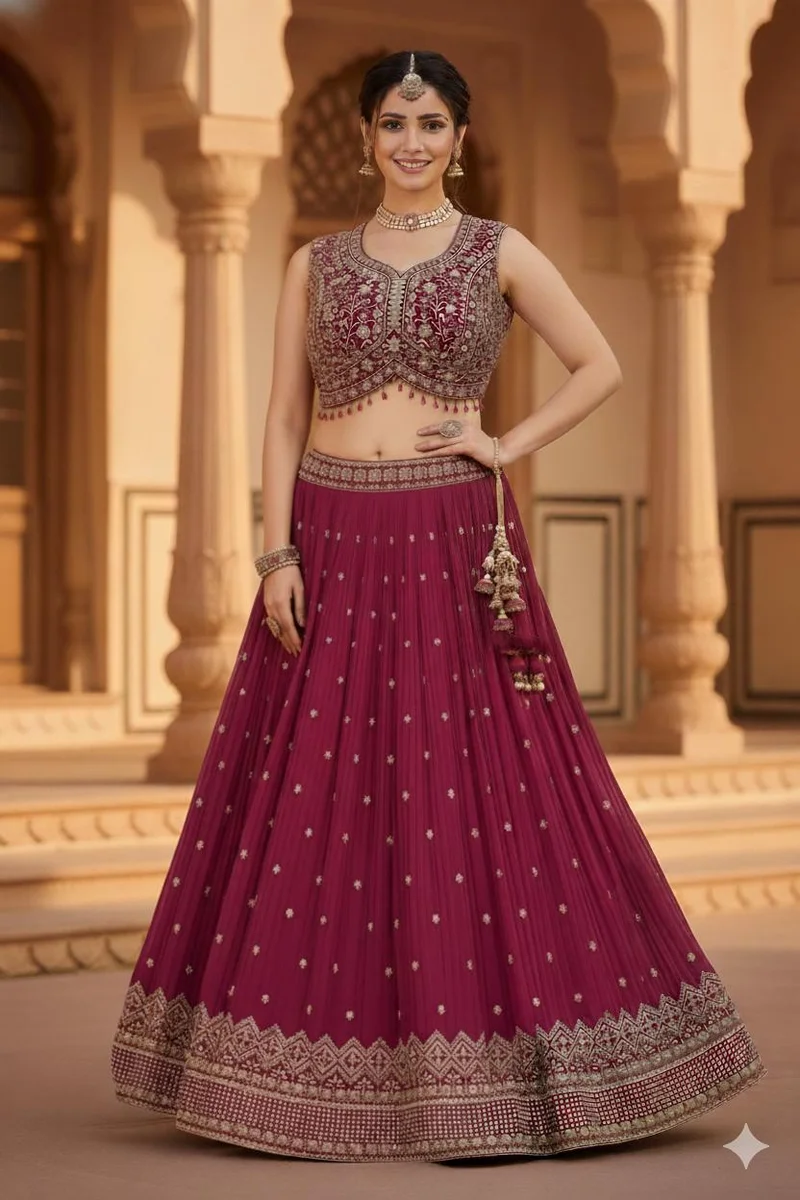 Lehar Red  Pleated Lehenga Choli Set with Dupatta