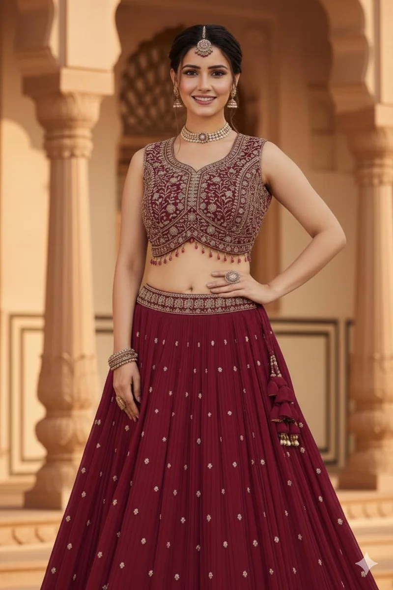 Lehar Red  Pleated Lehenga Choli Set with Dupatta