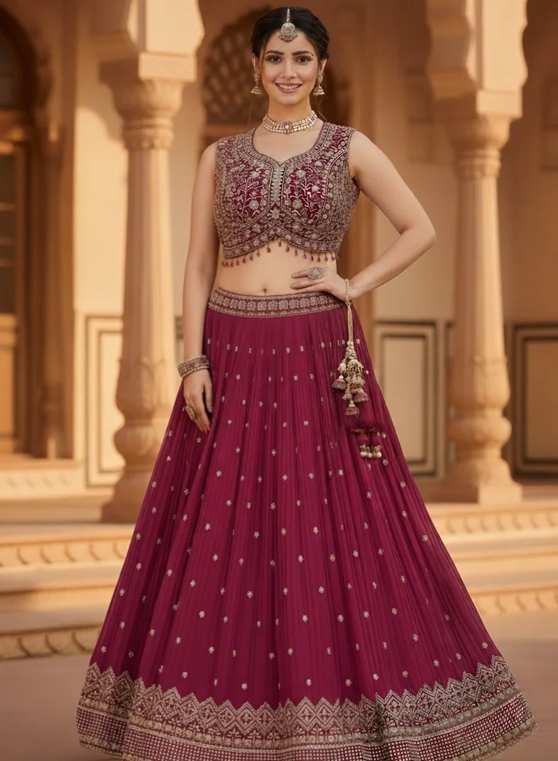 Lehar Red  Pleated Lehenga Choli Set with Dupatta