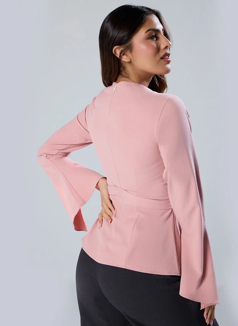 Zigzag Split Sleeve Square Neck Peplum Pink Top