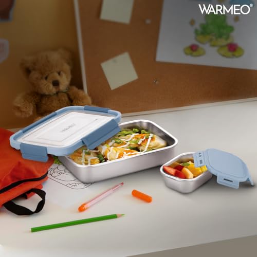 WARMEO DELTIN Stainless Steel Airtight Leak-Proof Lunch Box,Light Weight, Easy to Clean, Perfect for Office, School, Picnic & Travelling, Combo(800ml+150ml) Steel Blue - Image 2