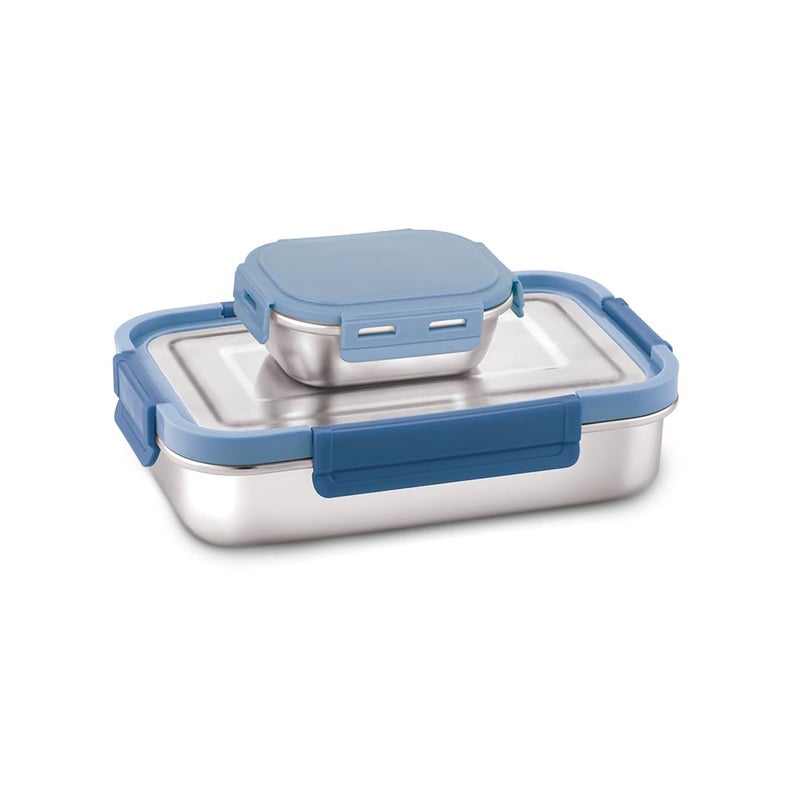 WARMEO DELTIN Stainless Steel Airtight Leak-Proof Lunch Box,Light Weight, Easy to Clean, Perfect for Office, School, Picnic & Travelling, Combo(800ml+150ml) Steel Blue - Image 5