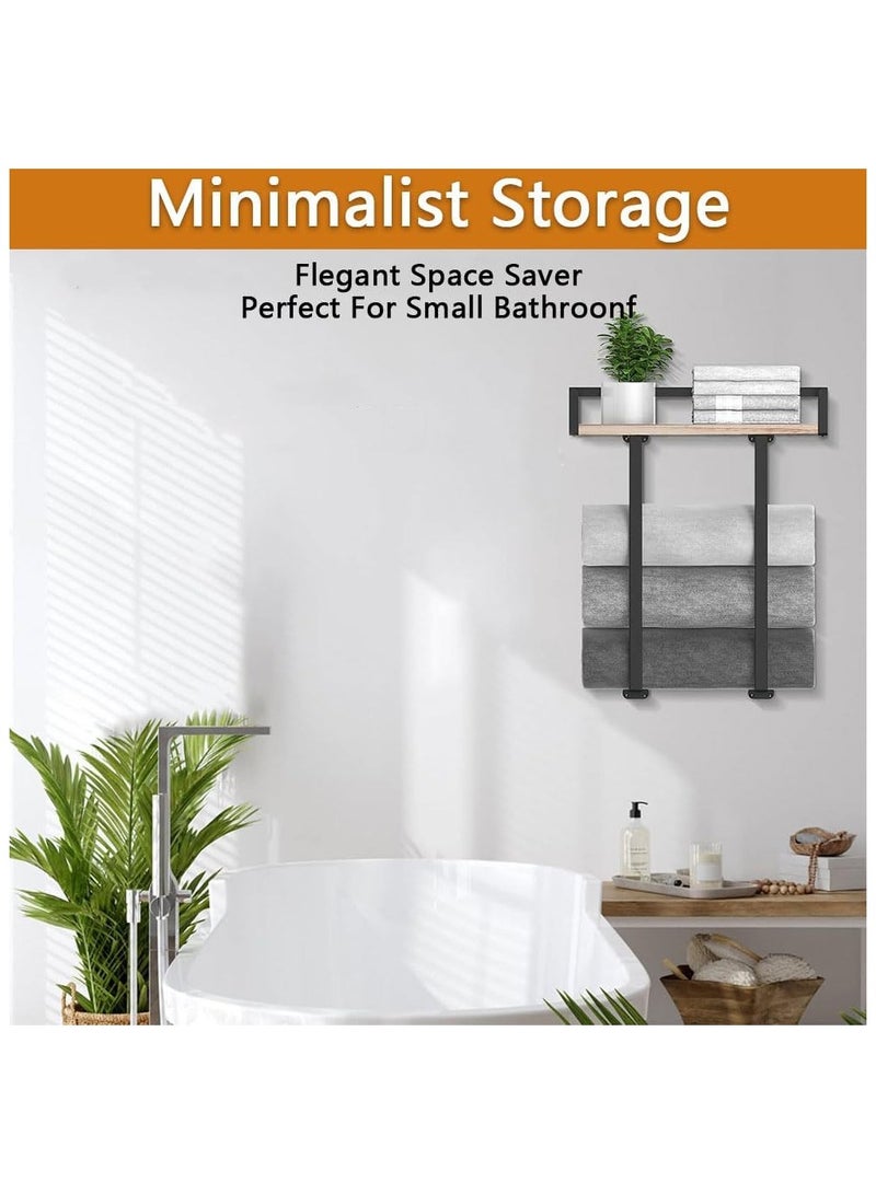 NANAO رف مناشف مثبت على الحائط للحمام - حامل مناشف معدني مع رف، تخزين عمودي، منظم مناشف موفر للمساحة مع لوح خشبي - Image 4