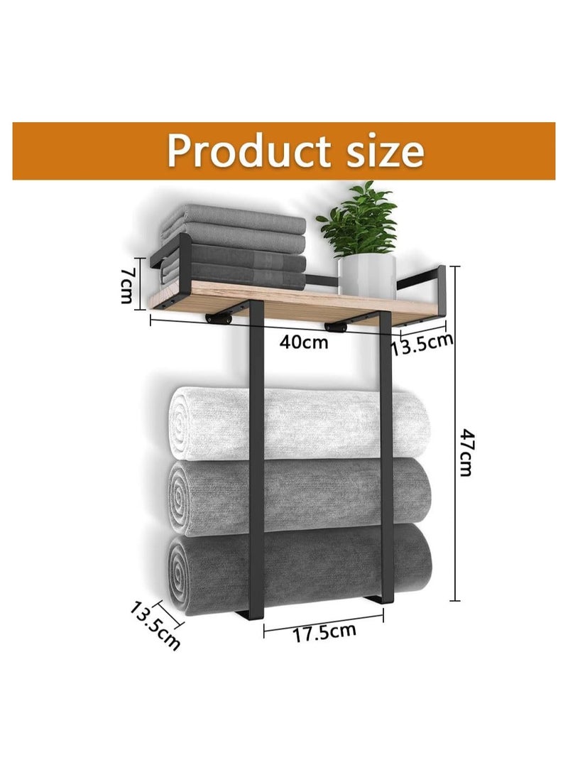 NANAO رف مناشف مثبت على الحائط للحمام - حامل مناشف معدني مع رف، تخزين عمودي، منظم مناشف موفر للمساحة مع لوح خشبي - Image 2