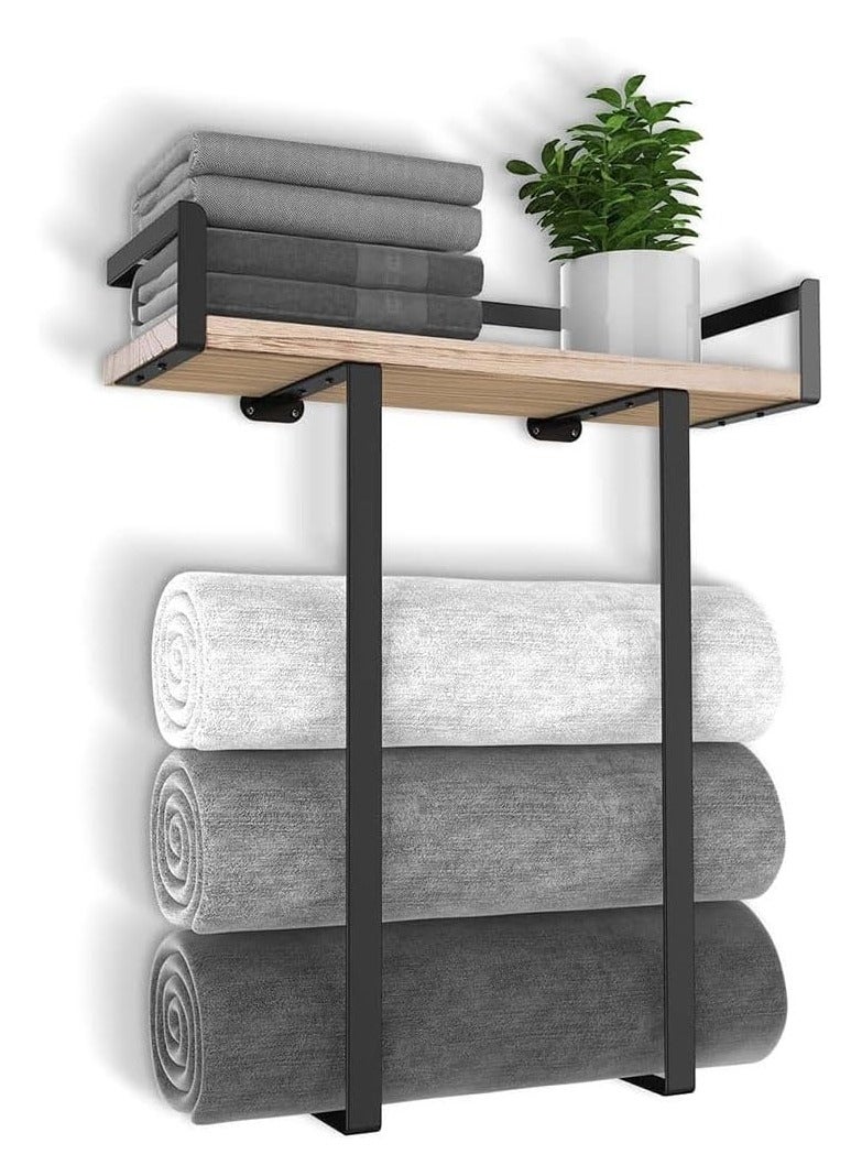 NANAO رف مناشف مثبت على الحائط للحمام - حامل مناشف معدني مع رف، تخزين عمودي، منظم مناشف موفر للمساحة مع لوح خشبي - Image 1