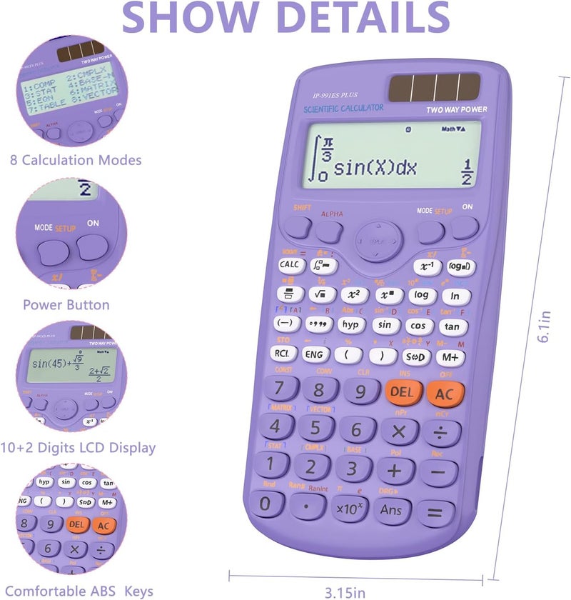 iPepul Scientific Calculators, Math Calculator with 417 Function, Solar Battery Power and 4-Lines Display, School Supplies for Middle High College Students Teachers (Purple 991ES Plus) - Image 1