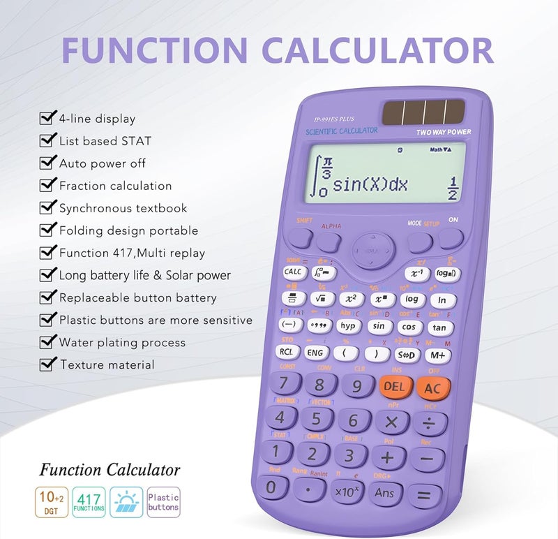 iPepul Scientific Calculators, Math Calculator with 417 Function, Solar Battery Power and 4-Lines Display, School Supplies for Middle High College Students Teachers (Purple 991ES Plus) - Image 3