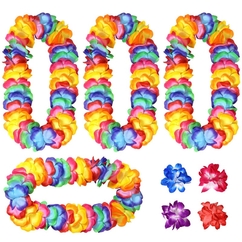 4 Pack Thickened Rainbow Hawaiian Leis Floral Necklace with 4 Hair Clips for Hula Dance Luau Party Party Favors Celebrations and Decorations