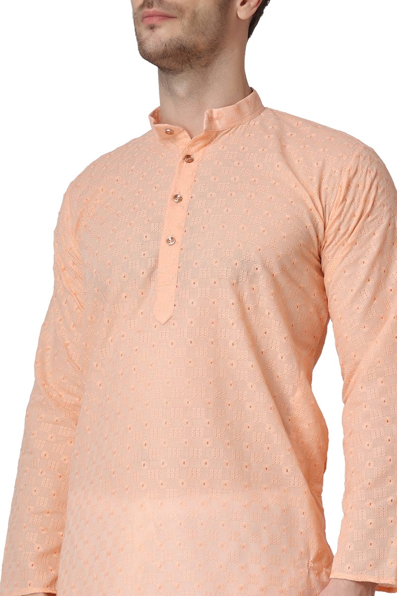Royal Kurta Men's Peach Color Cotton Chikankari Work Kurta (Size-44) - Image 4