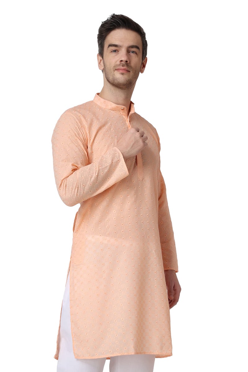 Royal Kurta Men's Peach Color Cotton Chikankari Work Kurta (Size-44) - Image 3