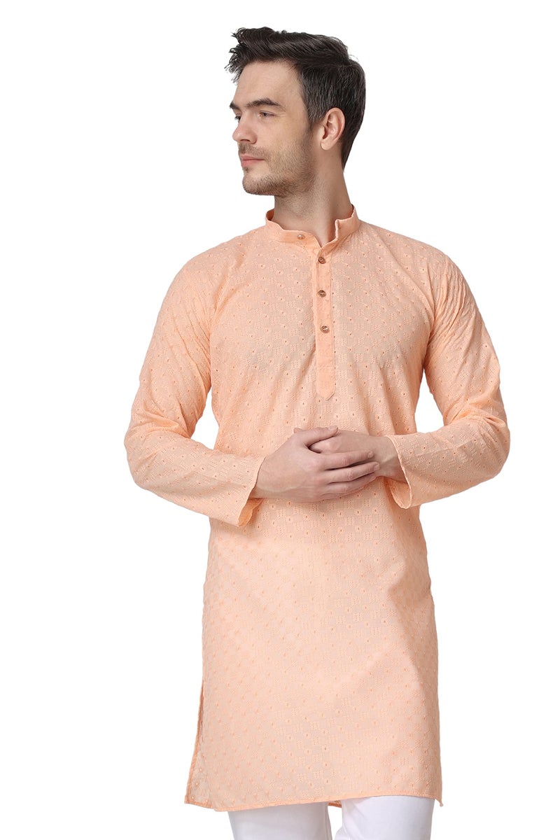 Royal Kurta Men's Peach Color Cotton Chikankari Work Kurta (Size-44) - Image 1