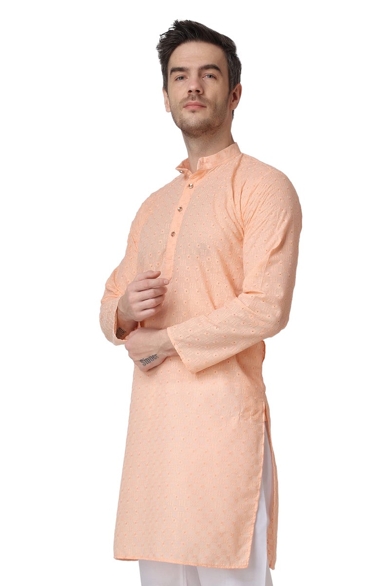 Royal Kurta Men's Peach Color Cotton Chikankari Work Kurta (Size-44) - Image 2