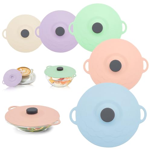 JIELUO 5 Pack Silicone Food Storage Lids, Silicone Bowl Lid Set,Microwave Splatter Cover, 5 Sizes Reusable Heat Resistant Suction Lids Fits, for cups, bowls, plates, pots, pans, refrigerators, etc. - Image 1