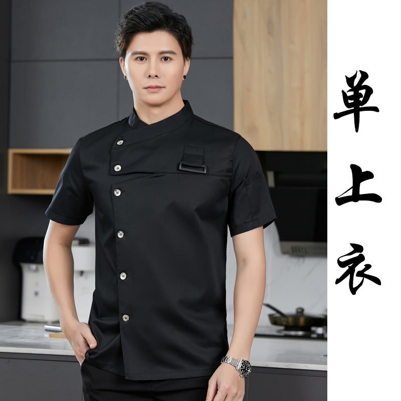 ملابس شيف عالية الجودة بأكمام قصيرة صيفية للذكور والإناث مع تصميم نجوم لفنادق ومحلات كعك وشاي الحليب ومطاعم غربية - بلوزة سوداء مفردة