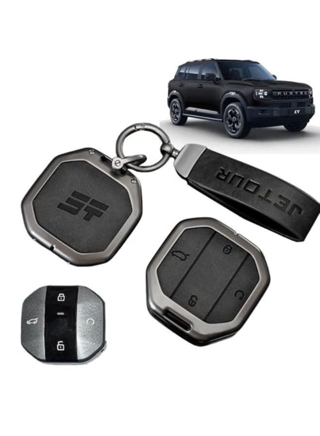 for Jetour T1 T2 Key Cover 2025 2026, Durable Alloy Metal Key Protector Case Anti-Fall & Wear-Resistant, Car Keychain Accessory Compatible with Jetour T1 T2 Traveller Keys (Black) - Image 1