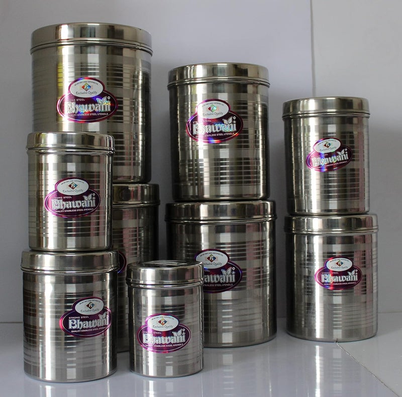 BHAWANI BRAND EXPORT QUALITY STAINLESS STEEL DIBBA SET 9 PCS 500ML TO 5KGS SIZE SET - Image 2