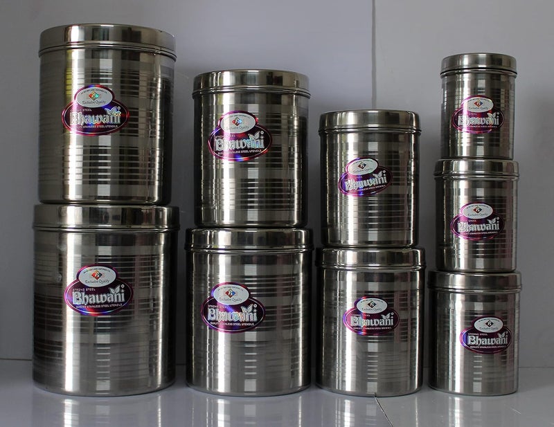 BHAWANI BRAND EXPORT QUALITY STAINLESS STEEL DIBBA SET 9 PCS 500ML TO 5KGS SIZE SET - Image 4