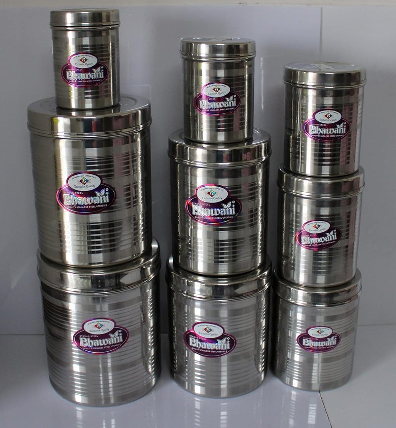 BHAWANI BRAND EXPORT QUALITY STAINLESS STEEL DIBBA SET 9 PCS 500ML TO 5KGS SIZE SET - Image 3