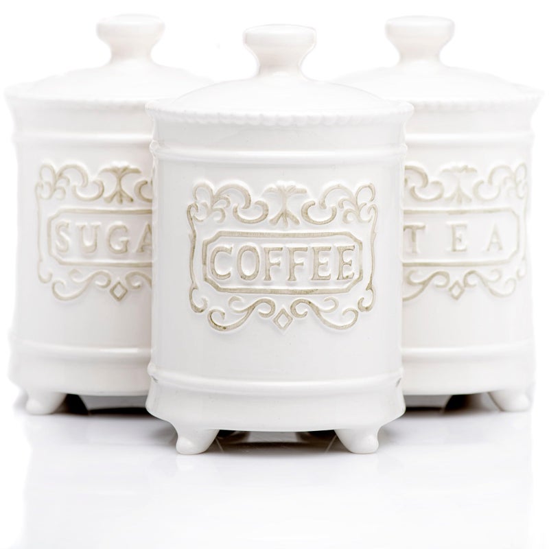 25DOL 35 Ounce Elegant Ceramic Kitchen Canisters Set of 3 - Beautifully Engraved Coffee Tea Sugar Storage Containers Airtight with Feet for Added Style and Stability - Ceramic Jar with Airtight Lid - Image 1