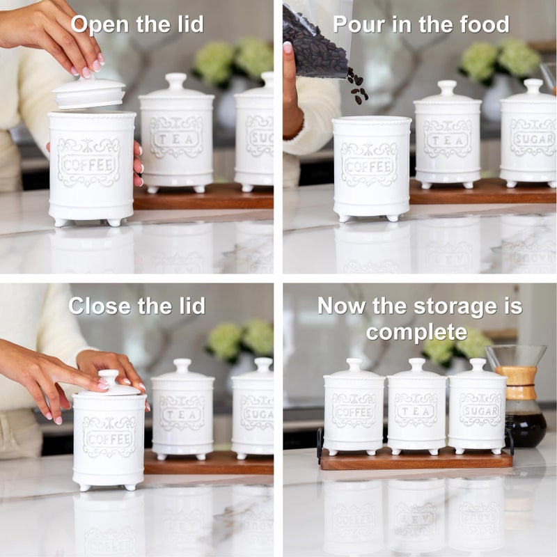 25DOL 35 Ounce Elegant Ceramic Kitchen Canisters Set of 3 - Beautifully Engraved Coffee Tea Sugar Storage Containers Airtight with Feet for Added Style and Stability - Ceramic Jar with Airtight Lid - Image 5