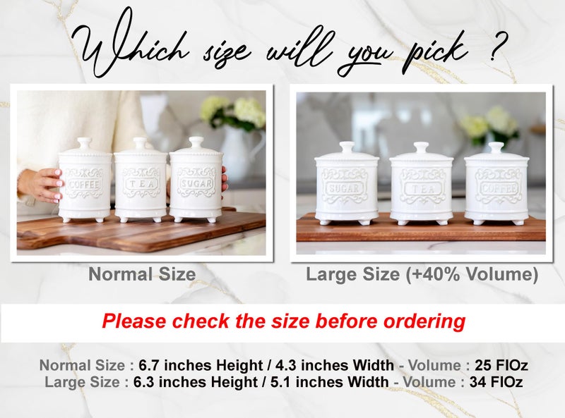 25DOL 35 Ounce Elegant Ceramic Kitchen Canisters Set of 3 - Beautifully Engraved Coffee Tea Sugar Storage Containers Airtight with Feet for Added Style and Stability - Ceramic Jar with Airtight Lid - Image 3
