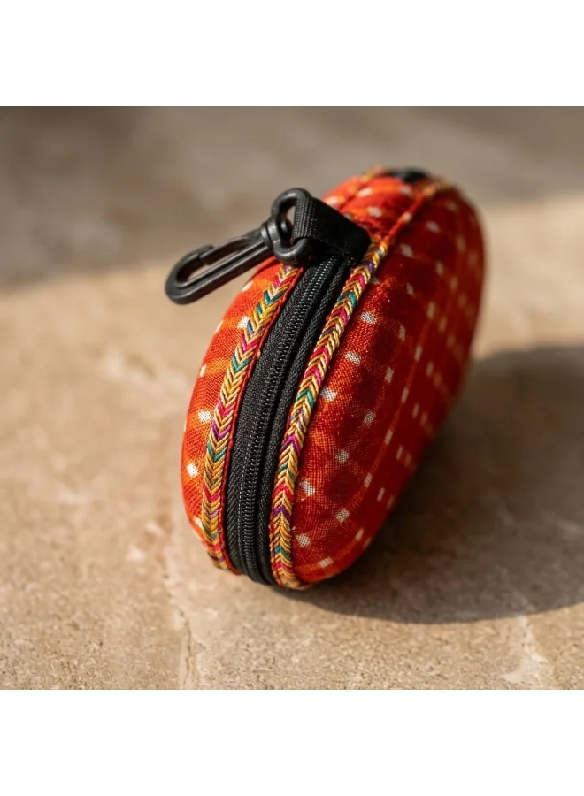 Mobcos Mobcos Mini Pouch Orange VastraVault Orange Mini Pouch with Carabiner Clip, Traditional Indian Fabric Zipper Case, Compact Travel Organizer & Accessory Storage Bag for Women & Men  | Best Price UAE
