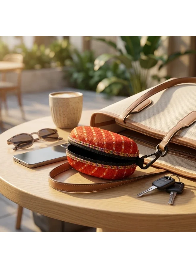 Mobcos Mobcos Mini Pouch Orange VastraVault Orange Mini Pouch with Carabiner Clip, Traditional Indian Fabric Zipper Case, Compact Travel Organizer & Accessory Storage Bag for Women & Men  | Best Price UAE