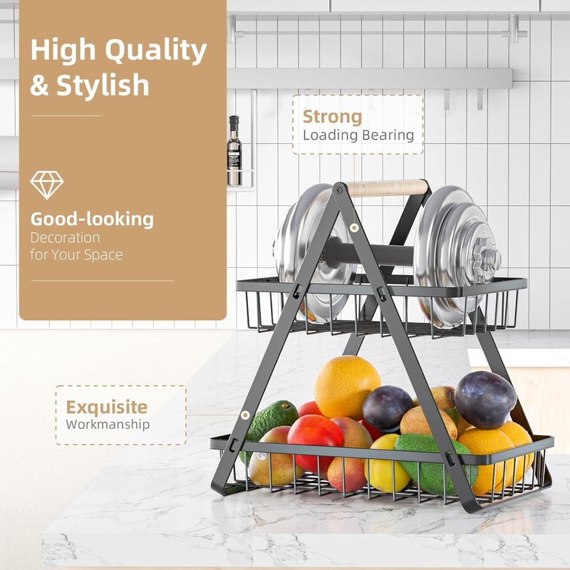 Zipron 2 Tier Fruit Basket Upgraded Fruit Bowl Detachable Metal Fruit Holder Vegetable Basket for Kitchen Counter Large Capacity Fruit Storage Stand Organizer for Produce Bread Snack Black - Image 4