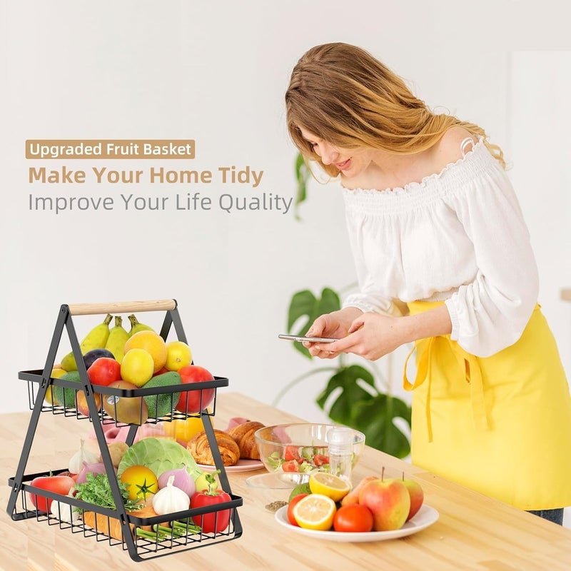 Zipron 2 Tier Fruit Basket Upgraded Fruit Bowl Detachable Metal Fruit Holder Vegetable Basket for Kitchen Counter Large Capacity Fruit Storage Stand Organizer for Produce Bread Snack Black - Image 2