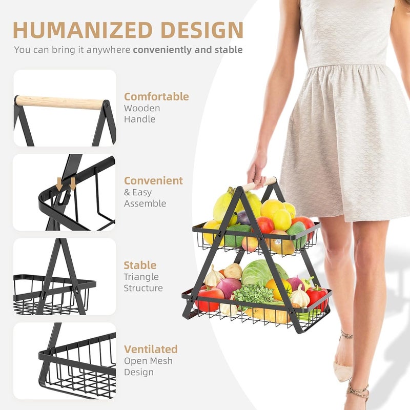 Zipron 2 Tier Fruit Basket Upgraded Fruit Bowl Detachable Metal Fruit Holder Vegetable Basket for Kitchen Counter Large Capacity Fruit Storage Stand Organizer for Produce Bread Snack Black - Image 3