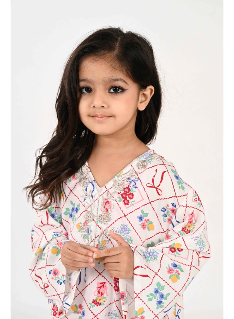 Linelle Kids Jalabiya – White with Colorful Floral and Bow Diamond Print and Embroidery Detailing - Image 1