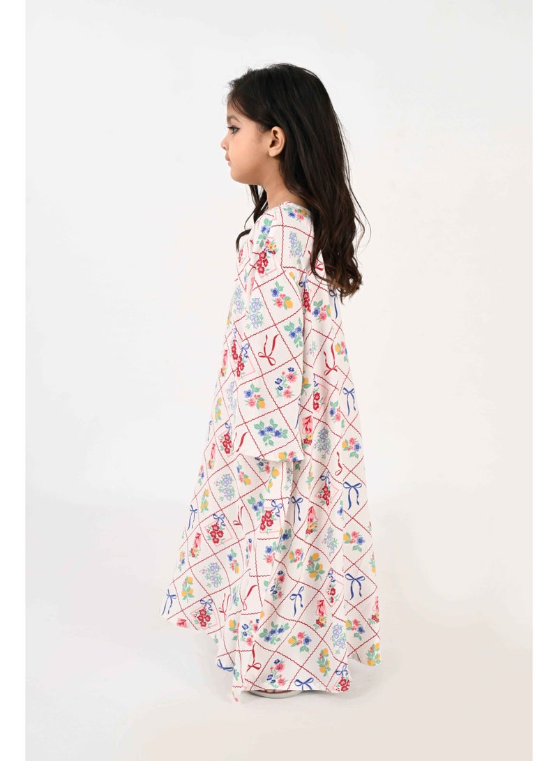 Linelle Kids Jalabiya – White with Colorful Floral and Bow Diamond Print and Embroidery Detailing - Image 2