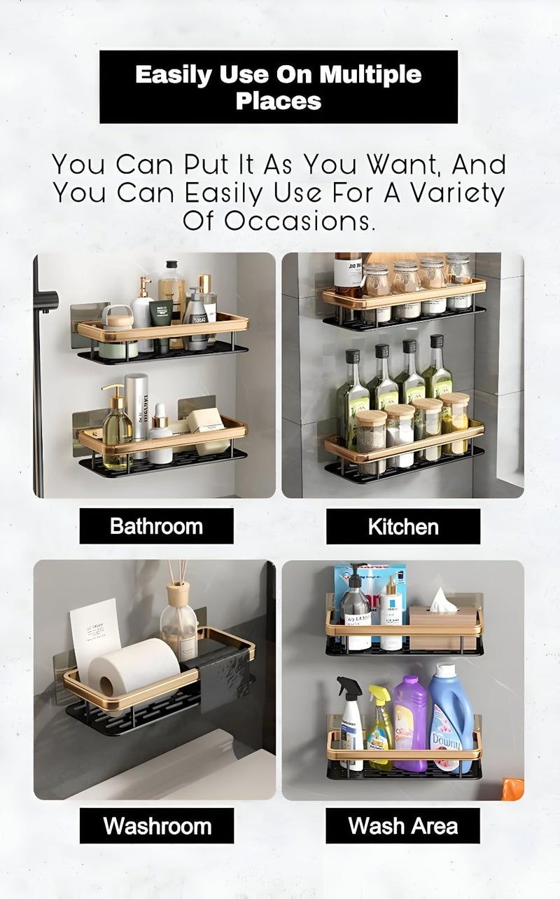 Cazlee Self-Adhesive Multipurpose Wall Mounted Bathroom Shelf and Rack for Bathroom and Kitchen, Space Saving Bathroom Organizer Shelf, Punch Free Wall Shelves, Wall Stand (GOLDEN, PACK OF 2) - Image 2