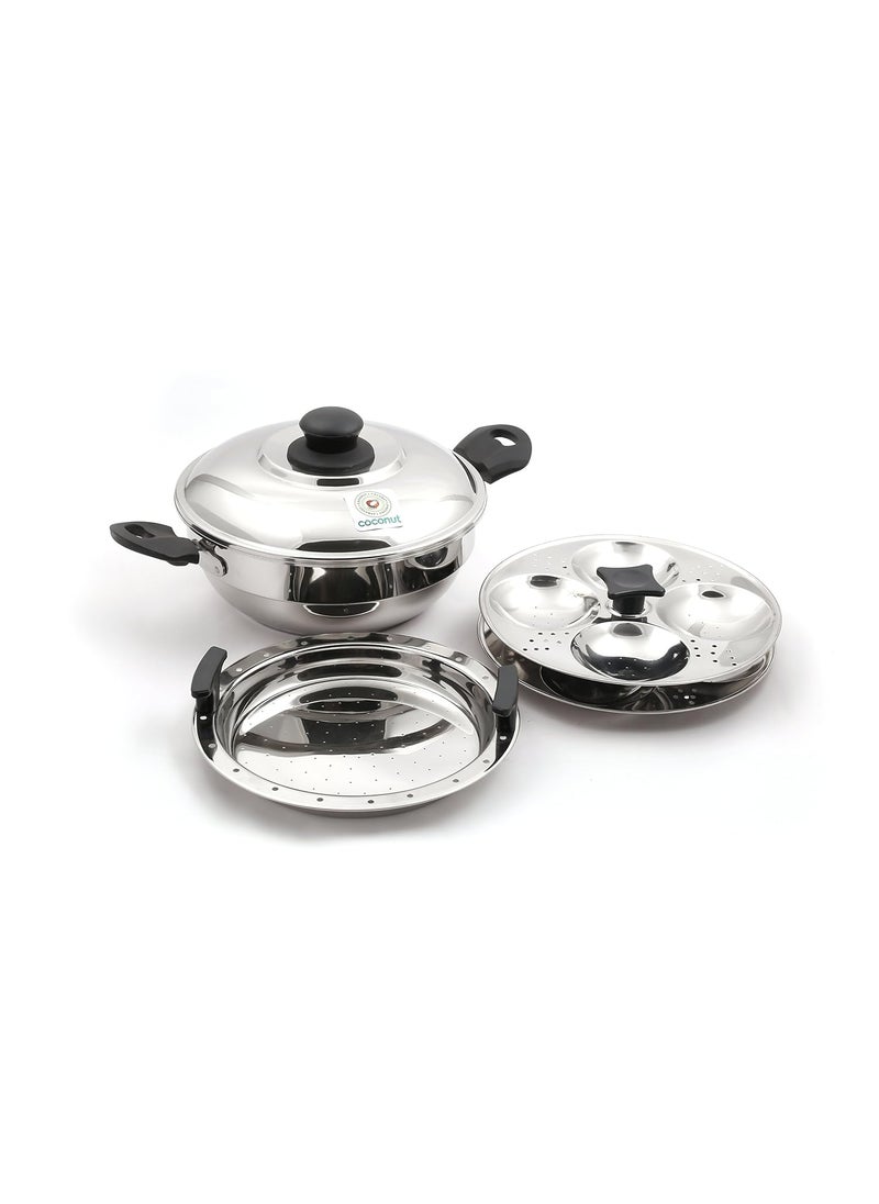 Coconut Coconut Stainless Steel Idly Steamer - 13 Idly - Extra Thick Sandwich Bottom Base -Works on Gas and Induction Stove - Works as a kadhai and Steamer Also  - Image 1