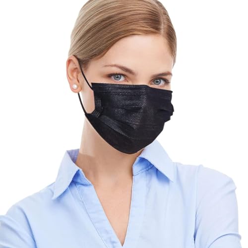 V SURZ Black 3 Ply Disposable Face Mask with Meltblown Filter, Breathable Lightweight Non-Woven Fabric, Soft Ear Loops, Comfortable Protective Mask for Men & Women (50) - Image 1