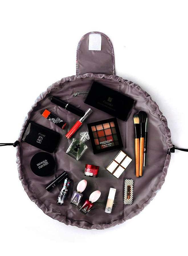 MARGOUN Make up Bag Drawstring Travel Cosmetic Bag Round Magic Toiletry Beauty Kit Pouch Flowering Brown  - Image 2
