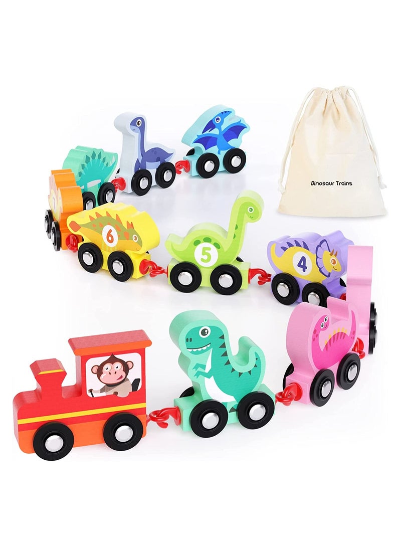 SYOSI SYOSI Wooden Dinosaur Number Train, Montessori Toy Train Set with Storage Bag, Educational Toy Gift for Baby Toddler Boys Girls Age 1 2 3 Years Old, 11 Pieces Train Cars  - Image 1
