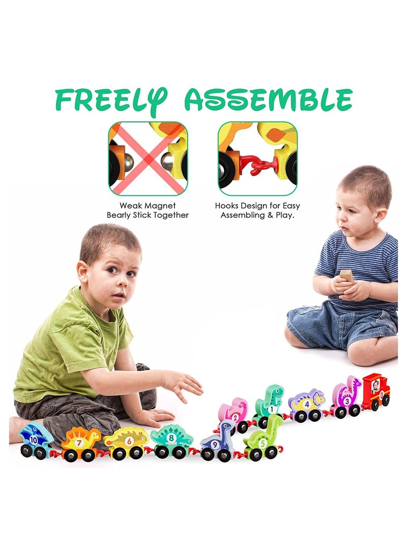 SYOSI SYOSI Wooden Dinosaur Number Train, Montessori Toy Train Set with Storage Bag, Educational Toy Gift for Baby Toddler Boys Girls Age 1 2 3 Years Old, 11 Pieces Train Cars  - Image 4