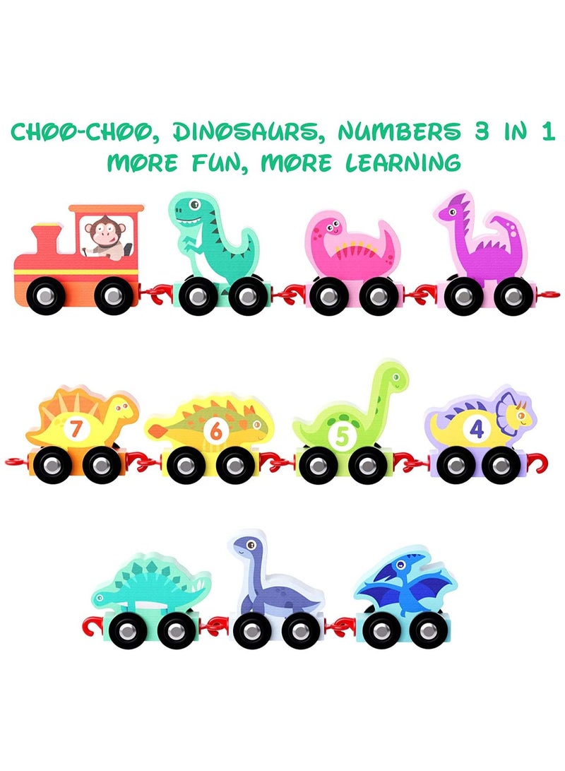 SYOSI SYOSI Wooden Dinosaur Number Train, Montessori Toy Train Set with Storage Bag, Educational Toy Gift for Baby Toddler Boys Girls Age 1 2 3 Years Old, 11 Pieces Train Cars  - Image 2