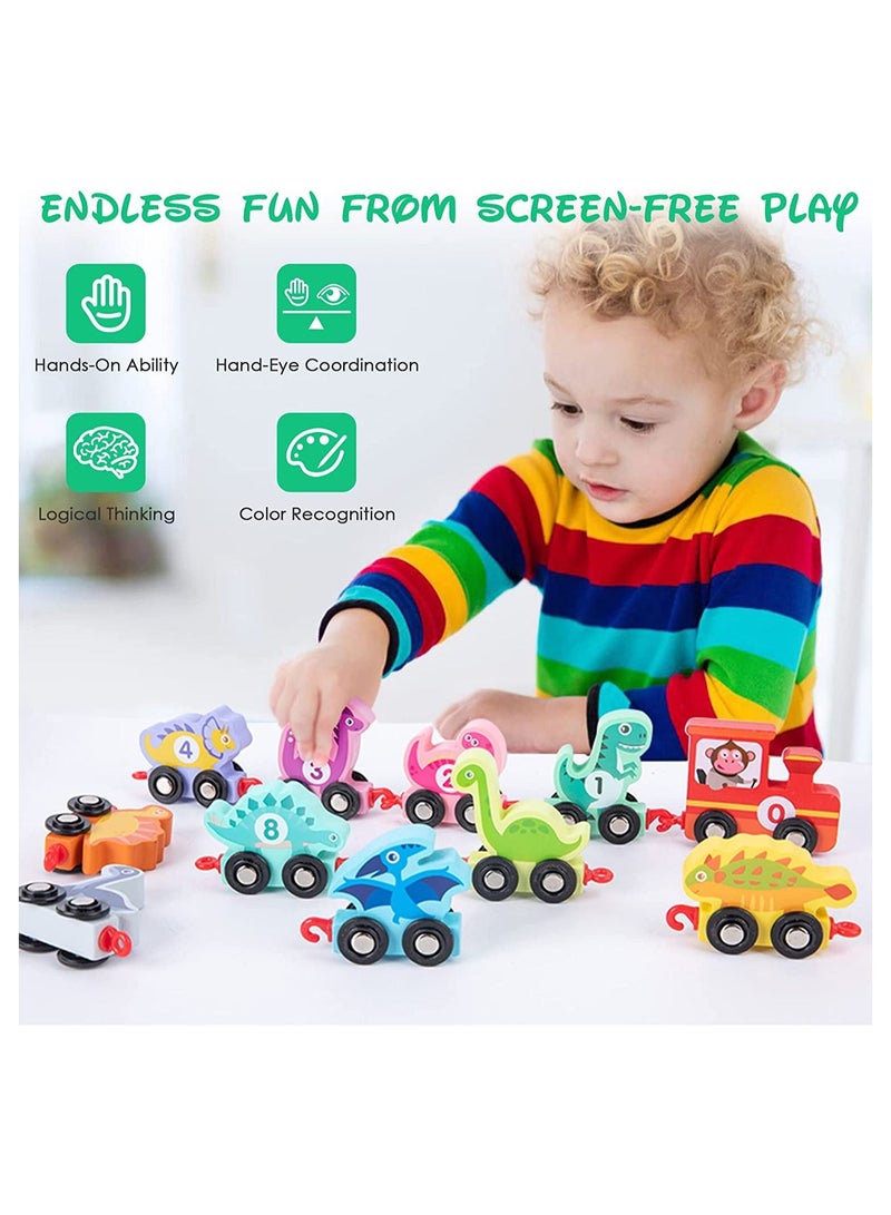 SYOSI SYOSI Wooden Dinosaur Number Train, Montessori Toy Train Set with Storage Bag, Educational Toy Gift for Baby Toddler Boys Girls Age 1 2 3 Years Old, 11 Pieces Train Cars  - Image 5