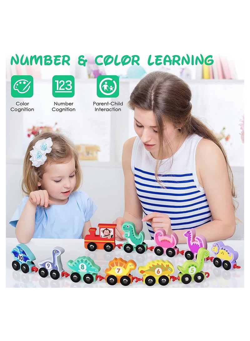 SYOSI SYOSI Wooden Dinosaur Number Train, Montessori Toy Train Set with Storage Bag, Educational Toy Gift for Baby Toddler Boys Girls Age 1 2 3 Years Old, 11 Pieces Train Cars  - Image 3