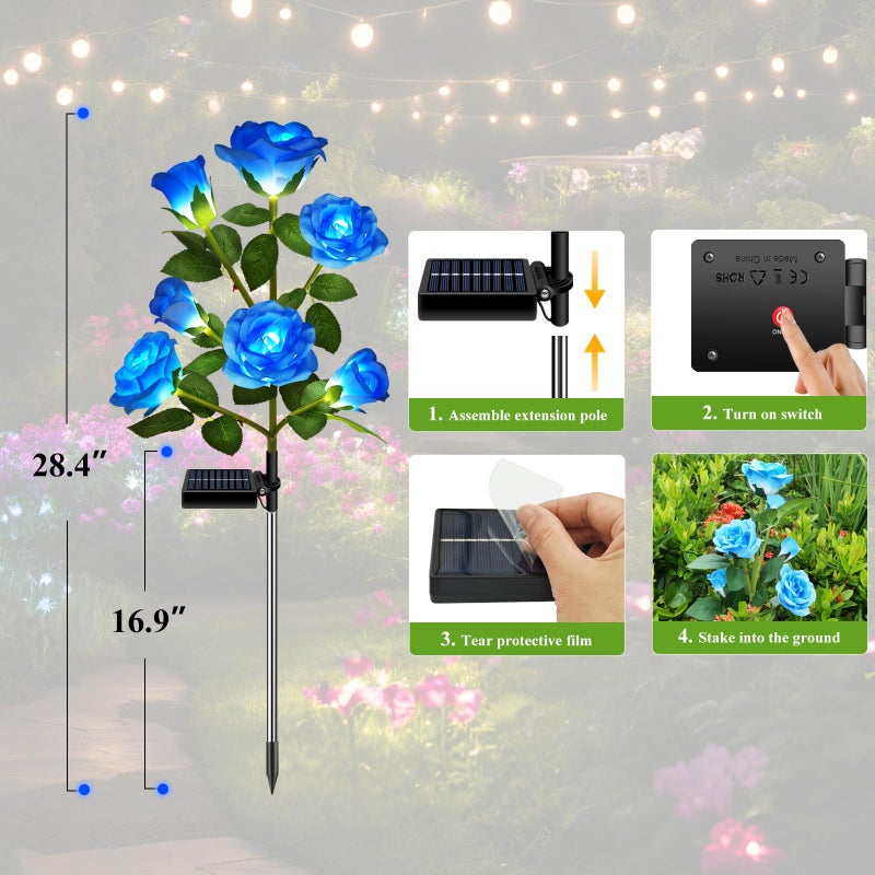 DWH 2 Pack Solar Garden Lights Outdoor, 7-Flower Rose LED Stake Light for Yard Patio Pathway Lawn Fence Cemetery, Blue - Image 5