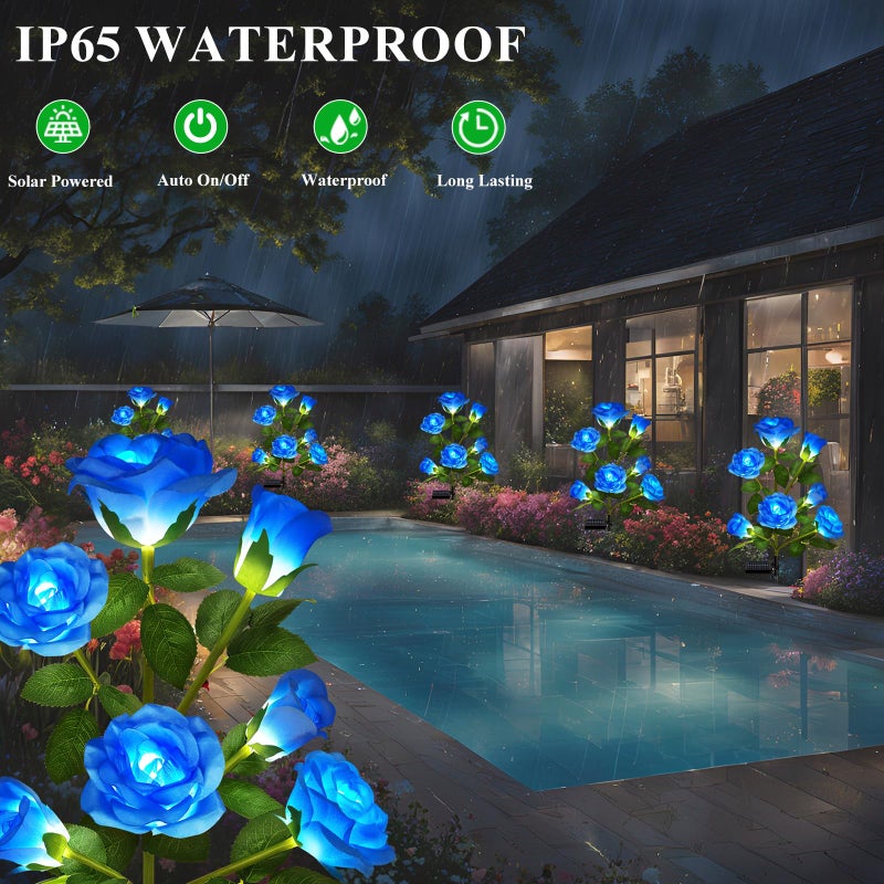 DWH 2 Pack Solar Garden Lights Outdoor, 7-Flower Rose LED Stake Light for Yard Patio Pathway Lawn Fence Cemetery, Blue - Image 4