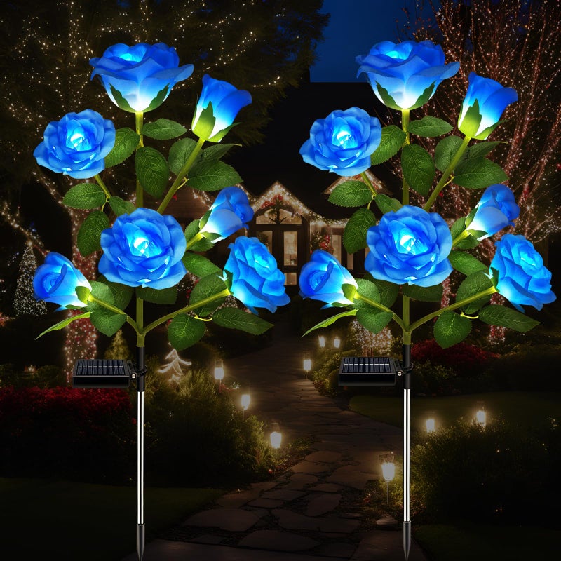 DWH 2 Pack Solar Garden Lights Outdoor, 7-Flower Rose LED Stake Light for Yard Patio Pathway Lawn Fence Cemetery, Blue - Image 1