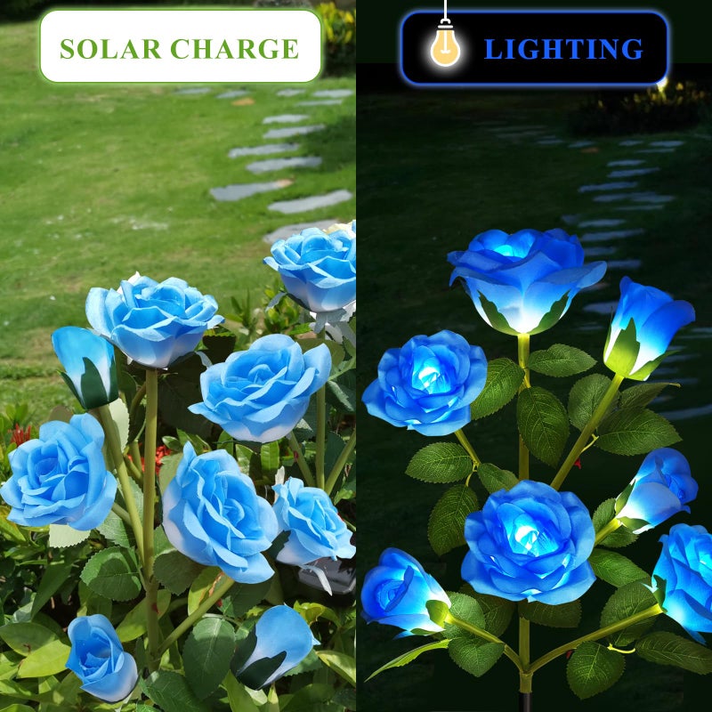 DWH 2 Pack Solar Garden Lights Outdoor, 7-Flower Rose LED Stake Light for Yard Patio Pathway Lawn Fence Cemetery, Blue - Image 3