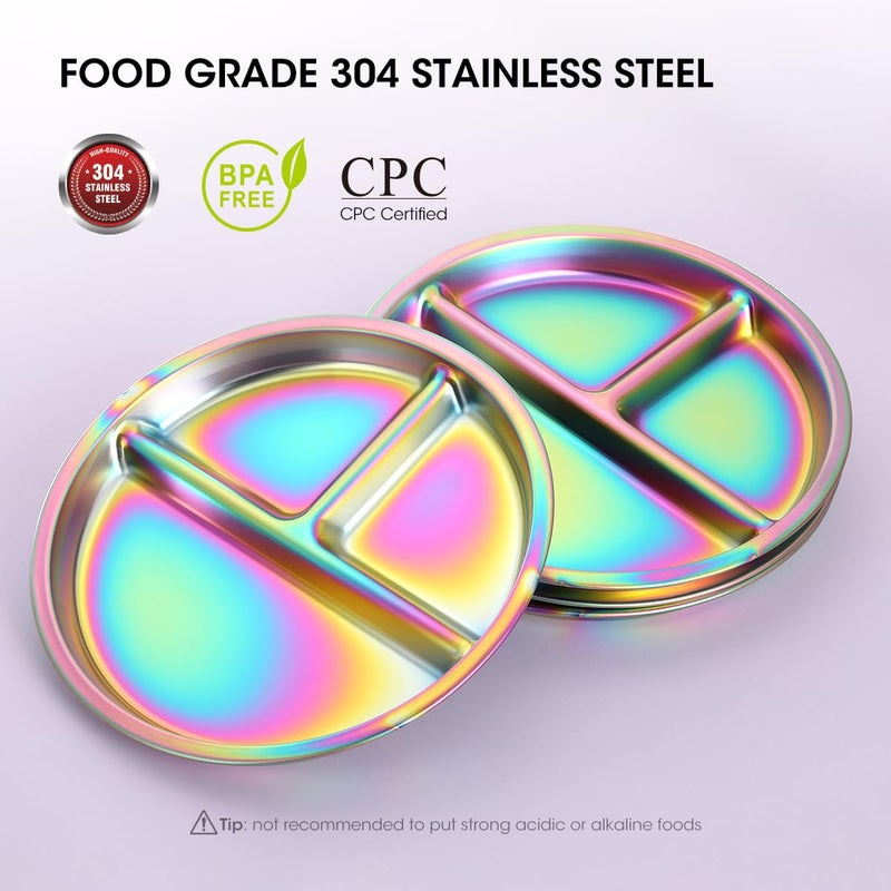 AIEVE Stainless Steel Kids Plates, 4 Pack Round Divided Toddler Plates, Portion Control Plate 9 Inch - Image 2
