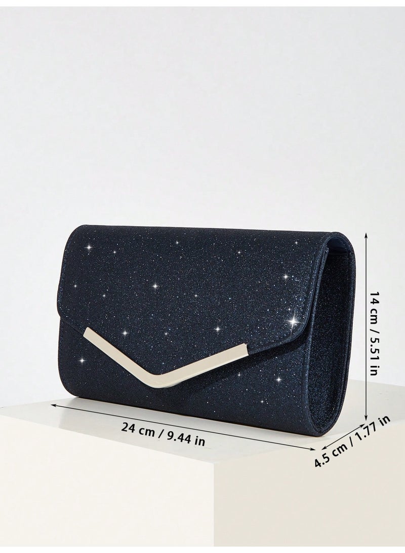 حقيبة سهرة نسائية كلتش بتصميم أنيق لامع مع سلسلة معدنية قابلة للفصل - Image 3