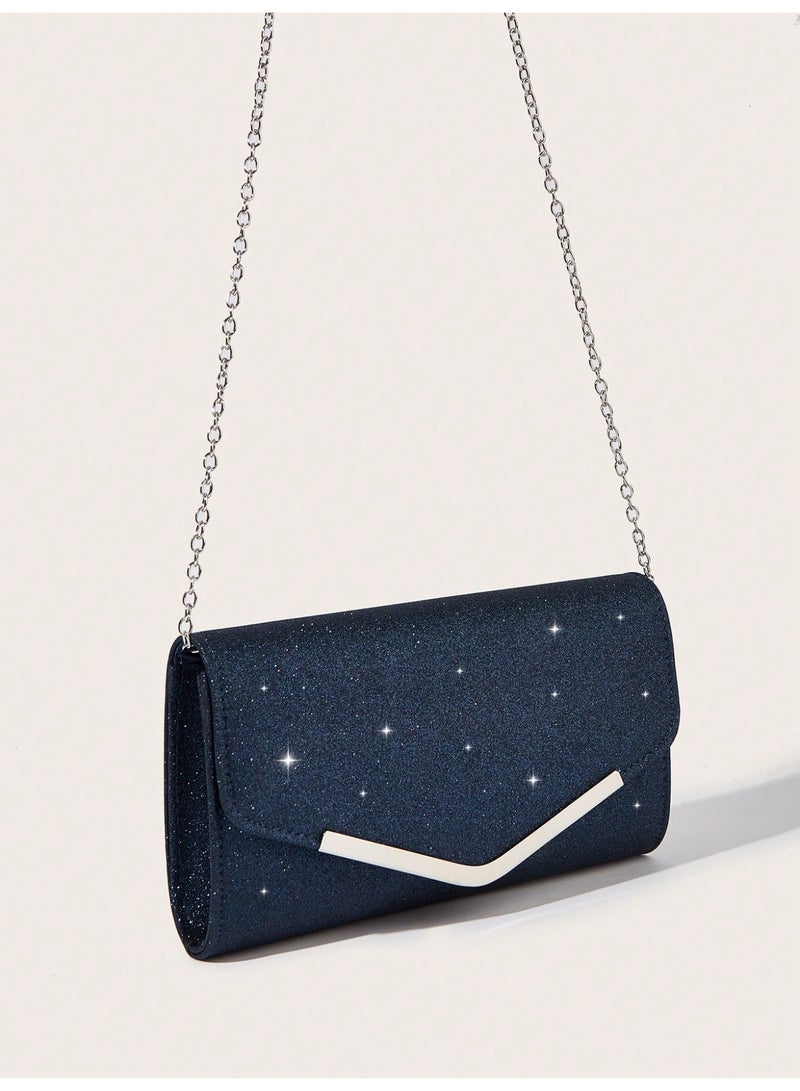 حقيبة سهرة نسائية كلتش بتصميم أنيق لامع مع سلسلة معدنية قابلة للفصل - Image 2